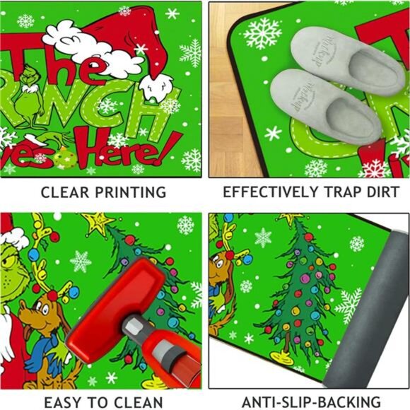 Set of 2 Grinch Christmas Kitchen Mats, Non-Slip Waterproof Rugs, 17x29 & 17x48 - Picture 6 of 7